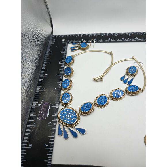 Alpaca Taxco Mexico Necklace Earrings Set Turquoise Inlay As Found Unpolished - Picture 13 of 15